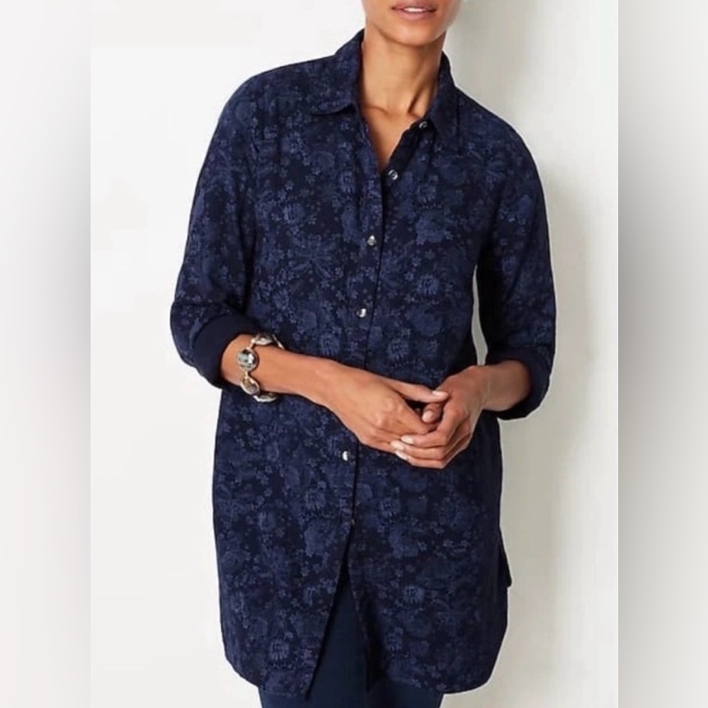 J. Jill PureJill Indigo Blue Floral Button Front Tunic Top Size XS Cotton